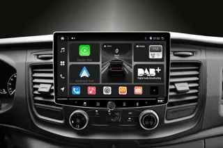 Sistema su misura composto da monitor T1003DAB ANDROID 13 display QLED 1920x1080 10'' capacitivo, corpo 1din + staffe, Cablaggio P&P e interfaccia comandi al volante CAN-BUS per Ford Transit dal 2019