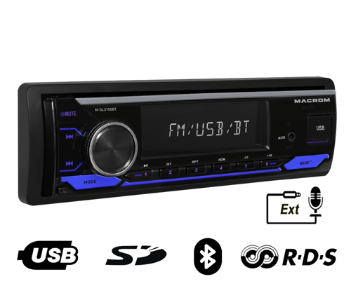 1 DIN AM/FM-RDS Tuner with Bluetooth, USB and SD Reader